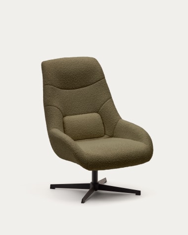 Celida swivel armchair in dark green shearling and steel with black finish