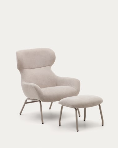 Belina chenille armchair with footrest in beige and steel with white finish