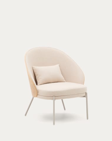 Eamy armchair in beige chenille, in a natural finish ash veneer and beige metal