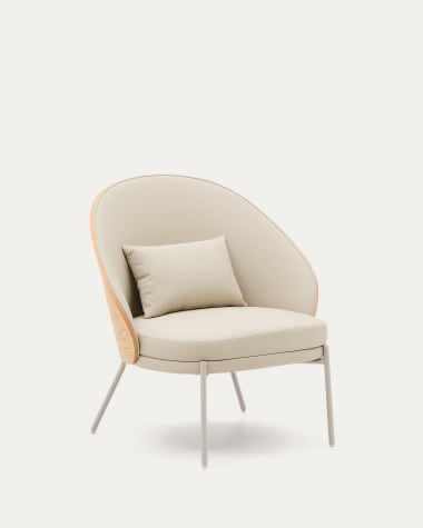 Eamy armchair in beige faux leather, ash veneer with natural finish and beige metal