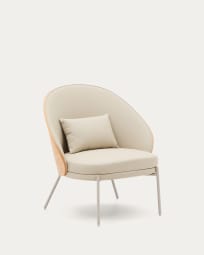 Eamy fauteuil in bruin kunstleer, essenfineer en afwerking in naturel en beige metaal.