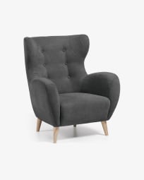Patio armchair in dark grey with solid, natural rubberwood legs