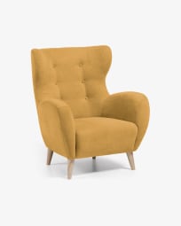 Patio armchair in mustard with solid, natural rubberwood legs