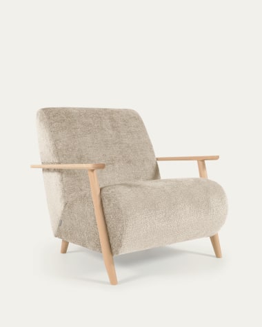 Meghan armchair in beige chenille and wood with natural finish
