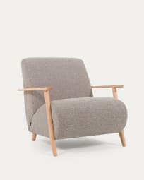 Meghan armchair in light grey shearling with solid ash legs with natural finish