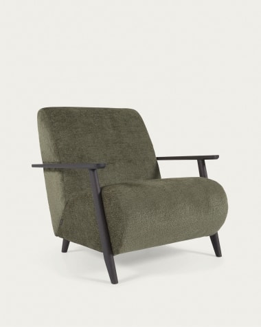 Meghan armchair in green chenille and wood with wenge finish