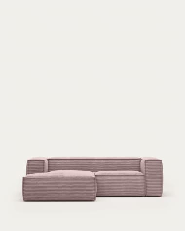 Blok 2 seater sofa with left side chaise longue in pink wide seam corduroy, 240 cm
