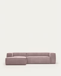 Divano Blok 3 posti con chaise longue sinistra velluto a coste rosa 300 cm