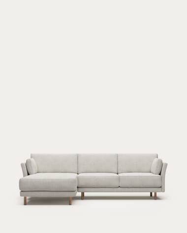 Gilma 3 seater sofa left/right side chaise in white fleece, natural finish legs, 260 cm FR