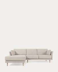 Gilma 3 seater sofa w/ right/left-hand chaise longue in beige, natural wood legs, 260 cm