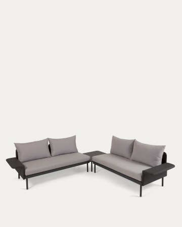 Zaltana outdoor corner sofa and table set in matte black aluminium, 164 cm