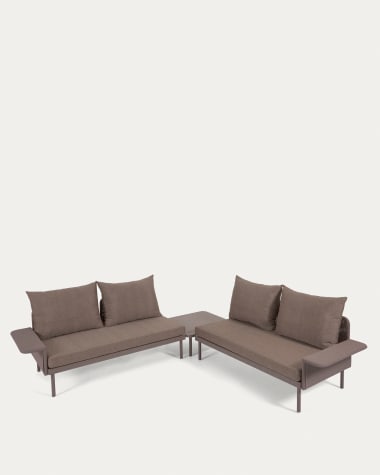 Salon de jardin Zaltana avec canapé d’angle et table en aluminium marron mat 164 cm