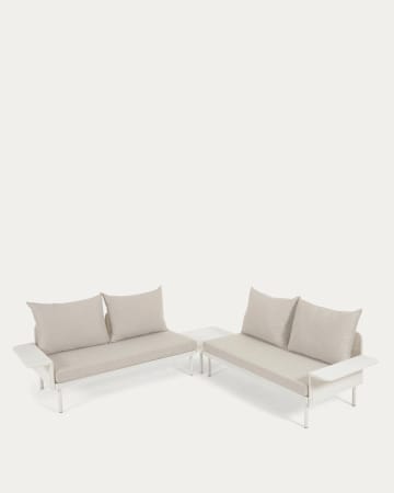 Set esterno Zaltana divano ad angolo, tavolo alluminio verniciato bianco opaco 164cm