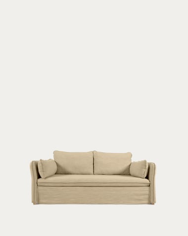 Canapé-lit Tanit beige pieds en bois massif de hêtre finition naturelle 210 cm
