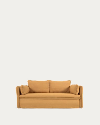 Sofa rozkładana Tanit musztardowa i nogi z drewna bukowego w kolorze naturalnym 210 cm