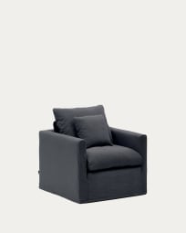Nora armchair with a removable cover and grey anthracite linen and cotton cushion 92 cm