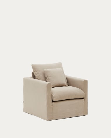 Nora armchair with a removable cover and taupe linen and cotton cushion 92 cm