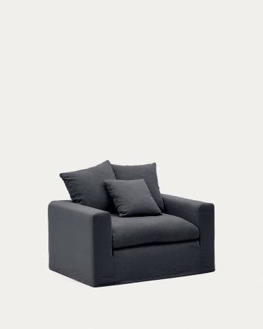 Nora armchair with a removable cover and grey anthracite linen and cotton cushion 140 cm