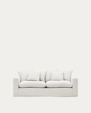 Sofa 3-osobowa Nora ze zdejmowanymi pokrowcami z poduszkami z lnu i bawełny w kolorze ecru 240 cm