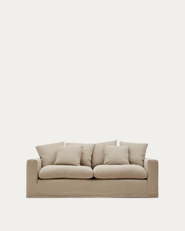 Sofa 3-osobowa Nora ze zdejmowanymi pokrowcami z poduszkami z lnu i bawełny w kolorze taupe 240 cm