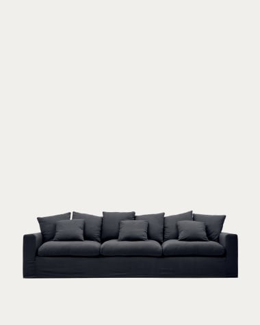 Nora 4-seater sofa with a removable cover and grey anthracite linen and cotton cushions 340 cm