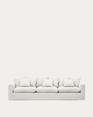 Nora 4-seater sofa with a removable cover and ecru linen and cotton cushions 340 cm