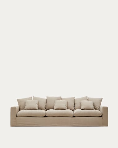 Nora 4-seater sofa with a removeable cover and taupe linen and cotton cushions 340 cm