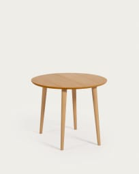 Oqui uitschuifbare ronde tafel van MDF in eikenfineer met massief houten poten, 90 (170) x 90 cm