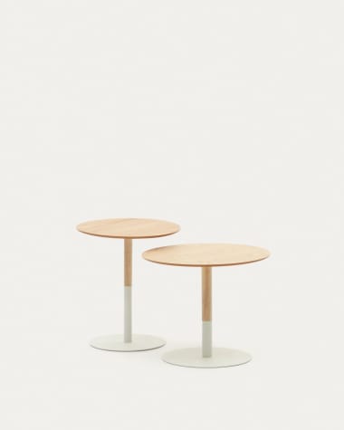 Set Watse de 2 mesas de apoio chapa carvalho e metal pintado branco mate Ø 40 cm/Ø 48 cm