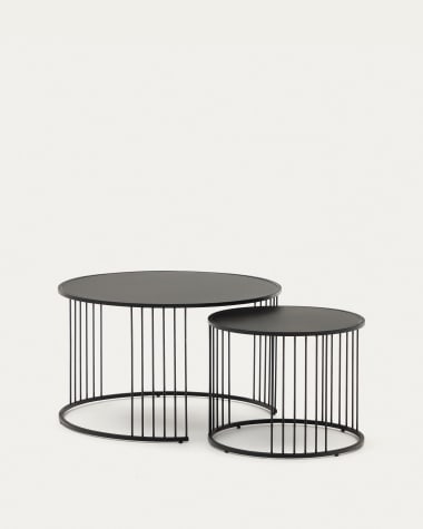 Hadar set of 2 tempered glass & metal side tables with matte black finish, Ø 75cm / Ø 45cm