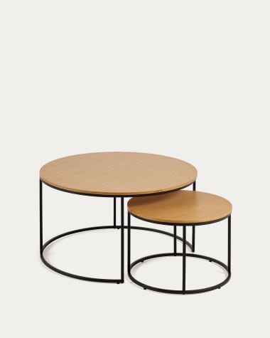 Yoana set of 2 nesting side tables with oak wood veneer & black metal, Ø 80 cm / Ø 50 cm