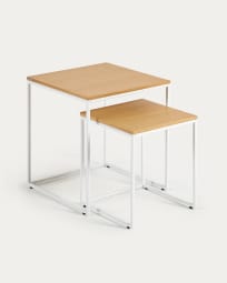 Ensemble 2 tables d'appoint gigognes Yoana en placage de chêne et structure en métal blanc