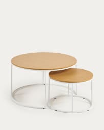 Σετ 2 βοηθητικά τραπέζια Yoana, δρύινος καπλαμά και λευκή μεταλλική δομή, Ø80εκ/Ø50εκ