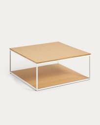 Yoana coffee table with oak veneer table top and base, white metal structure, 80 x 80 cm