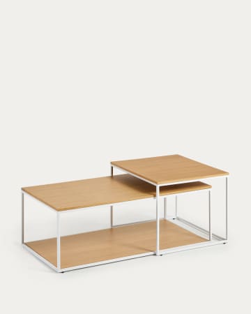 Yoana set of 2 nesting coffee tables with oak veneer and white metal structure, 80 x 80 cm