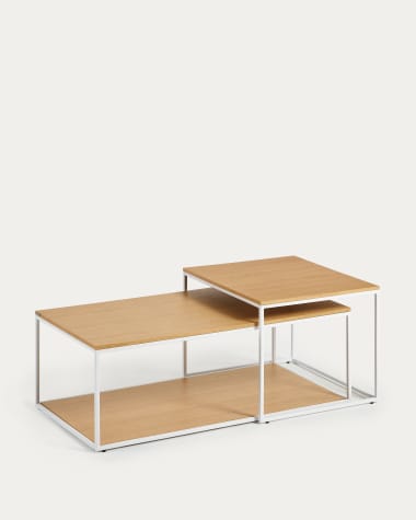 Yoana set van 2 salontafels met eikenfineer en wit metalen structuur, 80 x 80 cm