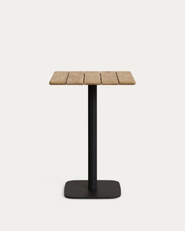 Tavolo bar alto quadrato Saura in metallo nero e piano in acacia con finitura naturale 96