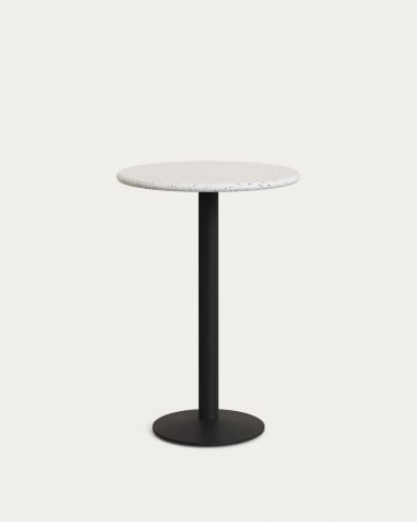 Table haute de bar ronde Saura en métal peint en noir avec dessus en terrazzo blanc 96 x Ø