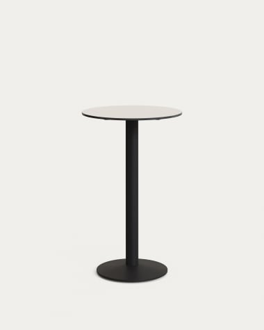 Tiaret high round outdoor table in white with metal leg in a painted black finish, Ø 60 x 96 cm