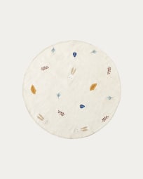 Yanil white wool and cotton round rug with multicoloured leaf embroidery, Ø 120 cm