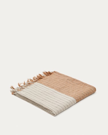 Sunig beige and terracotta striped blanket, 100% linen, 130 x 170 cm