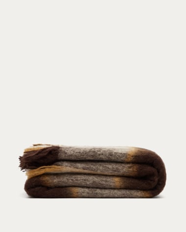 Koc Maro, w szaro-brązową kratkę z frędzlami 130 x 170 cm