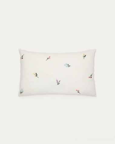 Sadurni 100% linen cushion cover in white, with floral embroidery, 30 x 50 cm