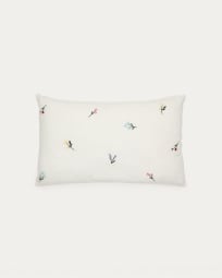 Sadurni 100% linen cushion cover in white, with floral embroidery, 30 x 50 cm