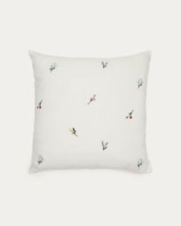 Sadurni 100% linen cushion cover in white, with floral embroidery, 45 x 45 cm