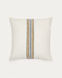 Vallcanera cushion cover, beige linen and cotton with mustard and blue stripes, 45 x 45 cm