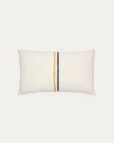 Vallcanera 100% beige linen cushion cover with mustard and blue stripes, 30 x 50 cm