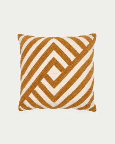 Mihai white 100% cotton cushion cover embroidered in contrasting mustard chenille 45 x 45 cm