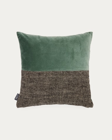 Mikayla linen and cotton printed cushion cover with black and green velvet 45 x 45cm