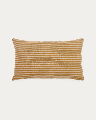 Muna linen and cotton printed cushion cover with mustard and white velvet 30 x 50 cm